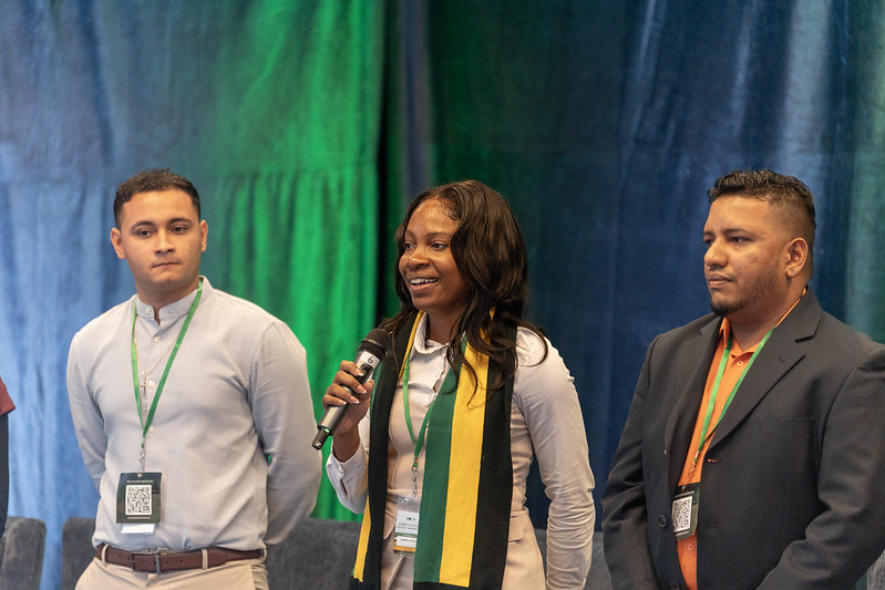 Gabriel McLeod, Masters student at the University of Technology Jamaica addresses attendees during the Global Sustainable Island Summit 2024